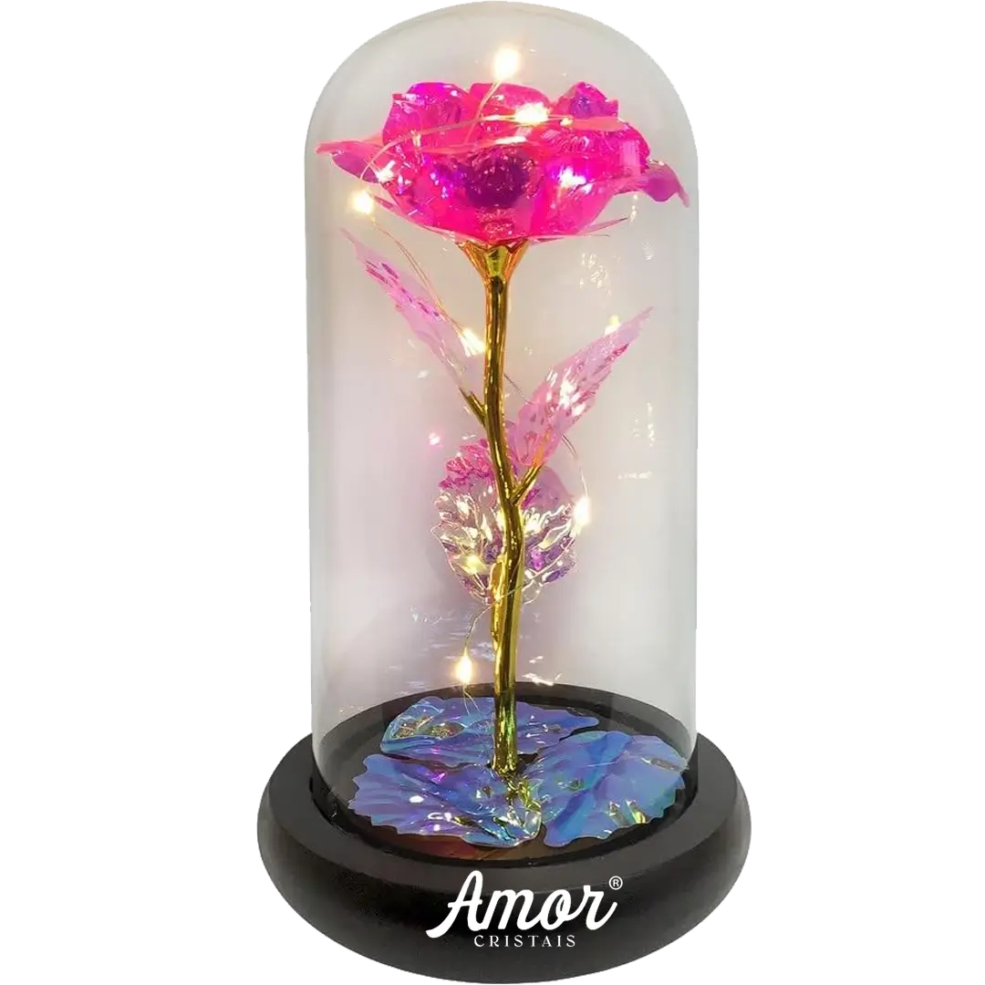 Rosa Cristal Bela e a Fera com Led + Cúpula de Vidro Verdadeiro