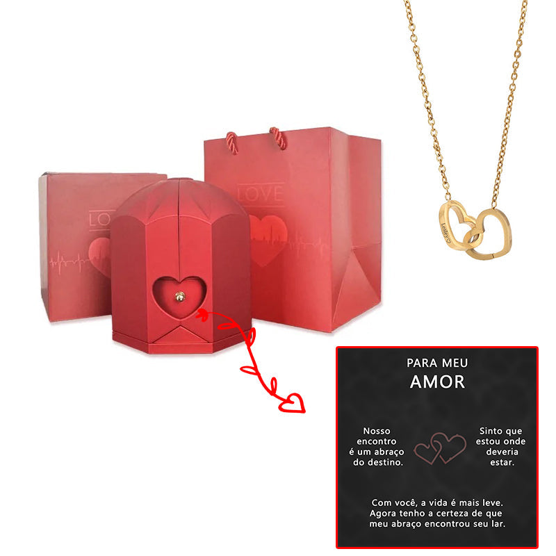 Caixa com Rosa Eterna & Colar Coração Personalizado