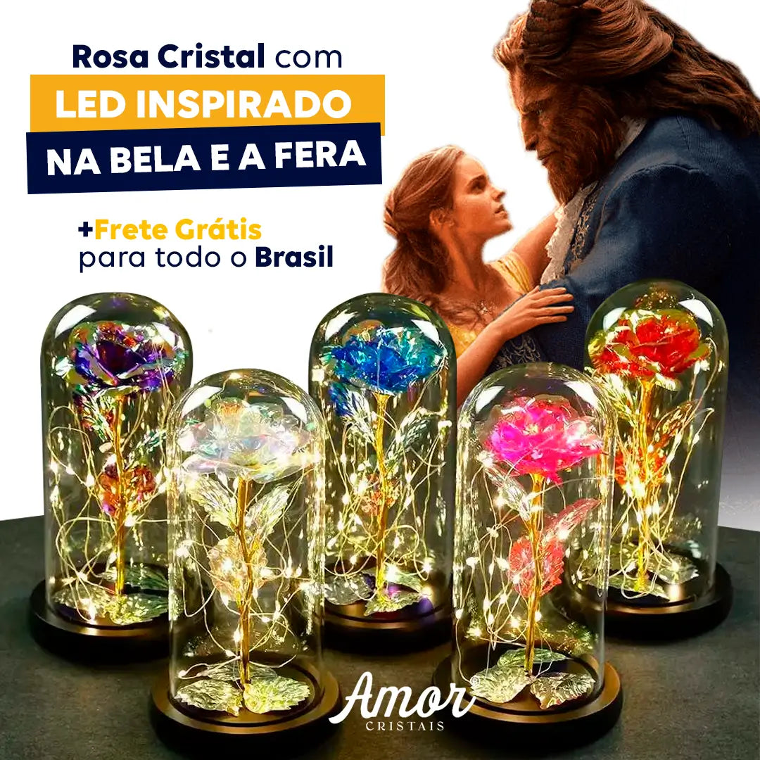 Rosa Cristal Bela e a Fera com Led + Cúpula de Vidro Verdadeiro